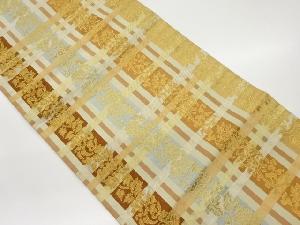 川島織物製　縞に横段・花葉模様織出し開き名古屋帯（額縁仕立て）